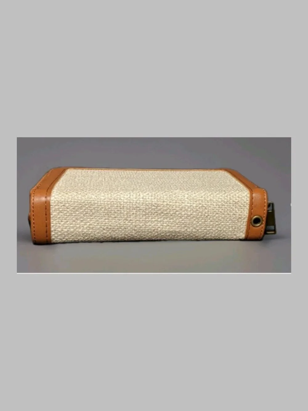 Brown Tan Woven Canvas Zip Around Wristlet Wallet Organizer Faux Leather Women